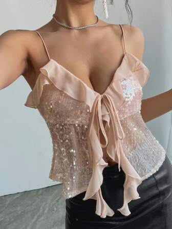 DAZY Canotta da donna con volant e laccetti con paillettes, top estivo sexy in stile Y2K, adatto per festival e outfit di