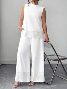 Elenzga 2pcs Plus Size Sequined Fashion Sleeveless Top And Pants Set - White - View 4