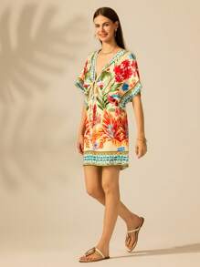 CAJUNI 女士节日休闲花卉印花蝙蝠袖连衣裙