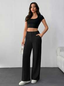 SHEIN Pantalones de pierna ancha con talle alto y diseño entallado, con detalle de costura frontal, diseño acampanado hasta el suelo, colección minimalista moderna, estilo profesional elegante, con pinza central planchada, pantalones para ocasiones formales