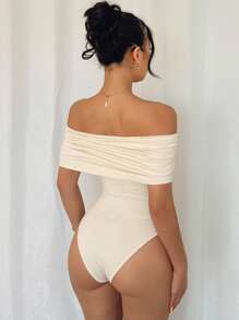 Rafferiza Body elegante de verano para mujer con hombros descubiertos, cintura con cordón y bajo recto, silueta estilizadora - Albaricoque - Ver 2