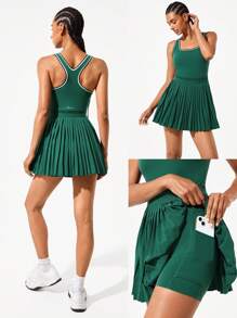 GLOWMODE FeatherFit™-Air Quick-Dry Tennis Built-In Cups Pleated Peekaboo Elasticized Waist Dress With Built-In Shorts Side Pockets Running Workout Gym - Green - View 9