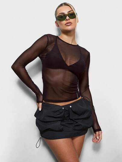 SUMWON WOMEN Mesh top met lange mouwen, doorschijnend, transparant, party club herfstmode statement crop T-shirt