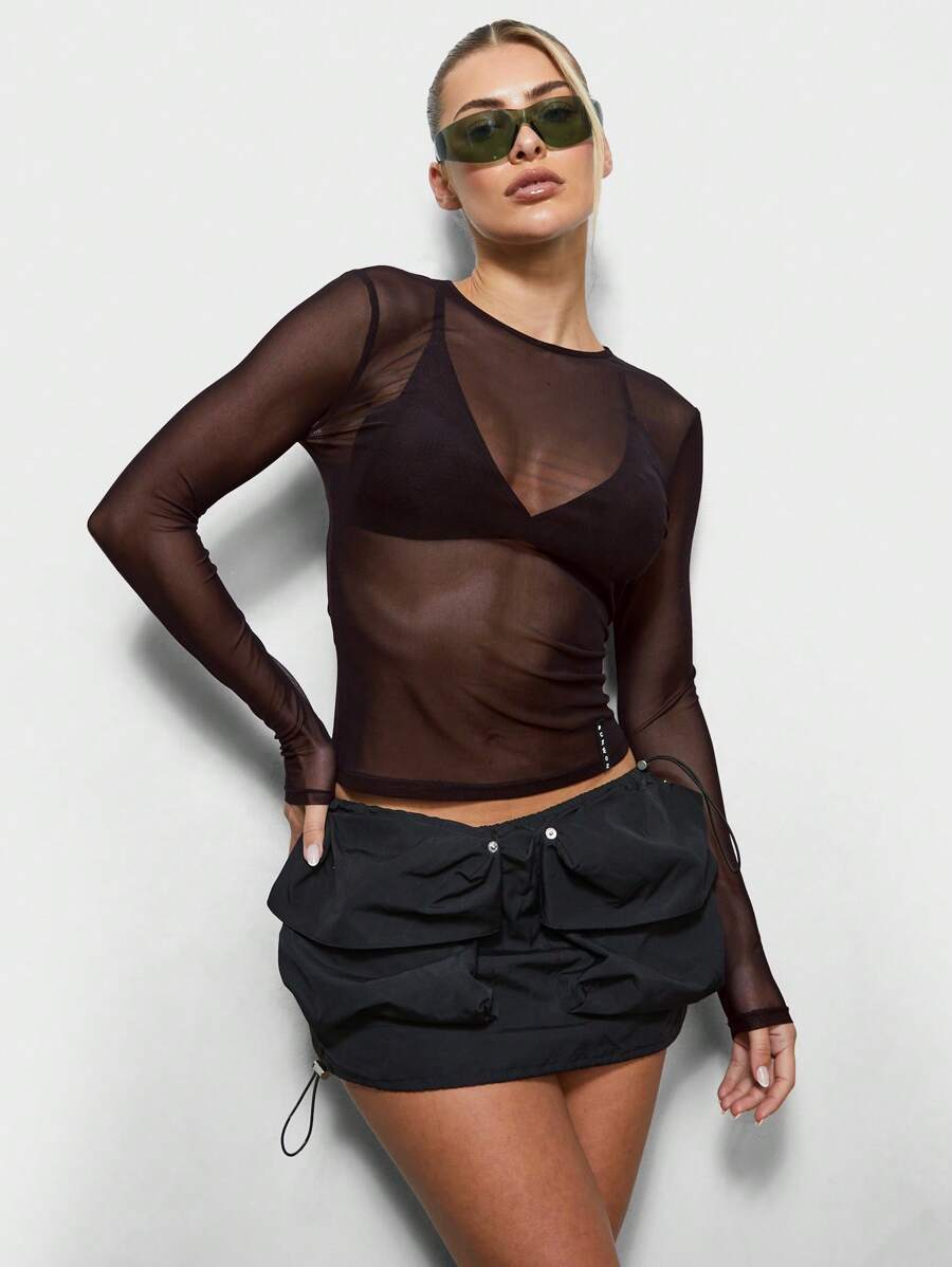 SUMWON WOMEN 长袖网眼上衣透视透明派对俱乐部秋季时尚短款 T 恤 - 巧克力棕 - 查看 1