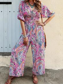 SHEIN LUNE Mono estampado aleatorio con cinturón en estilo bohemio de manga corta para mujer - Multicolor - Ver 3