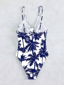 Swim Vcay Coconut Tree Printed Hollow Out One-Piece Swimsuit, For Vacation & Beach For Summer