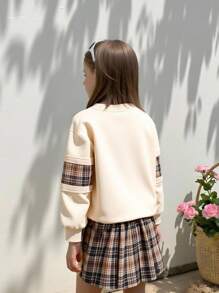 Tween Girl Tartan Cartoon Patched Pullover & Tartan Skirt - Multicolor - View 2