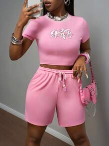 Slaydiva 2025-Bộ đồ thể thao đơn giản, giản dị, cổ tròn, tay ngắn, in logo, màu hồng, phong cách xuân hè mới, áo phông ngắn + quần bốn điểm, màu hồng, đỏ, hoa hồng, bộ đồ hai mảnh - Bộ đồ hai mảnh màu hồng dành cho nữ - Hồng - Xem 4