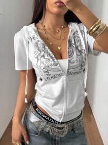 StreetHx Women Punk Style Printed Short Sleeve Hoodie Sweatshirt Pullover Fall - Grey - View 1