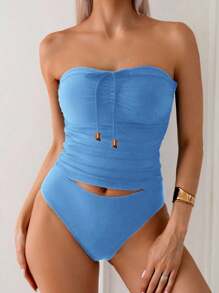 Swim Lushoire Women's Solid Color Elegant Versatile Bodycon Bandeau Tankini Swimsuit Set, Summer Beach