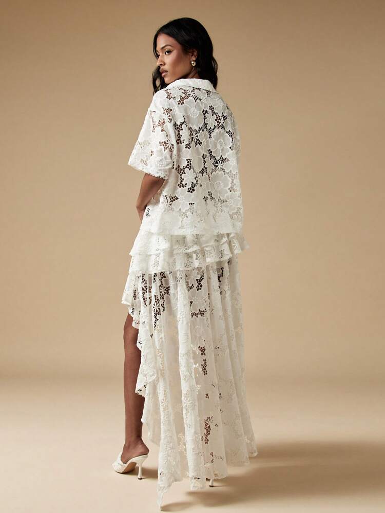 MISSGUIDED Lace Asymmetrical Long Ruffle Two-Piece Outfit