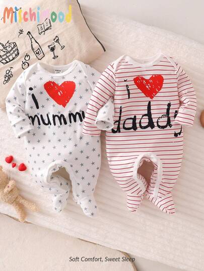 2 sztuki noworodkowego minimalistycznego kombinezonu z długim rękawem i nadrukiem w paski w kształcie serca i liter oraz piżamy