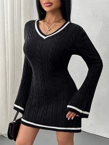 EURMUSE Vestito maglione invernale da donna in maglia a treccia corta, dettaglio a nodi, colore navy - Blu Navy - Visualizzare 3