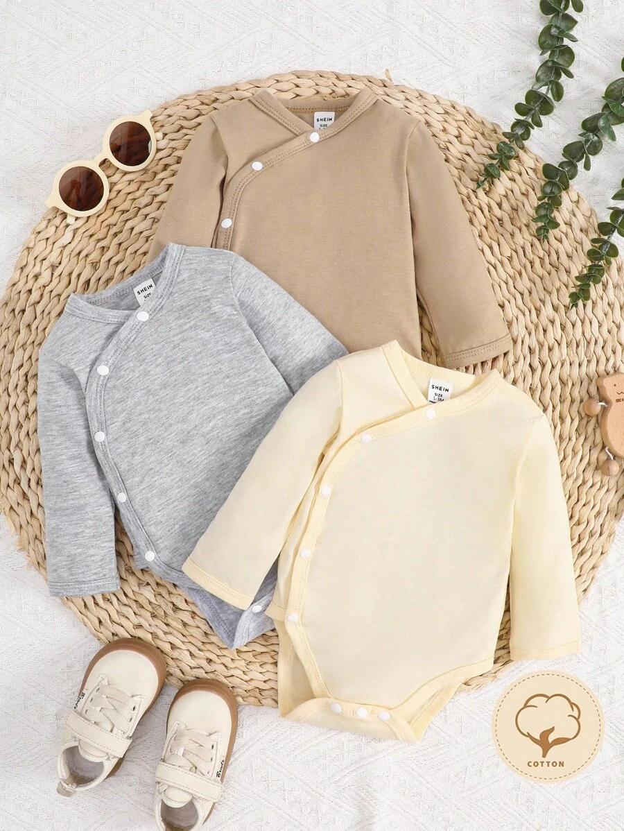 SHEIN 新生儿男女宝宝三件套纯白色按扣式优雅简约时尚舒适可爱长袖连体衣礼盒套装，秋冬季 - 彩色 - 查看 1