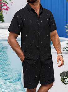 OTTIMOZO 2 piezas Conjunto de camisa de manga corta casual de verano y pantalones cortos para hombres, camisa con rhinestones, ropa de resort para hombres, conjunto de vacaciones negro, vestimenta de verano para hombres, camisa negra casual de manga corta para hombres - Negro - Ver 4