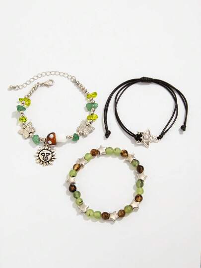 Fairycore 3pcs Bohemian Style Beaded Bracelets With Sun, Star, Butterfly Charms, Women Jewelry Accessories For Everyday And Party Outfits