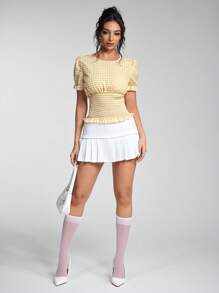 Jeanoix 女式夏季格子圆领短袖抽绳腰衬衫 - 黃色 - 查看 6