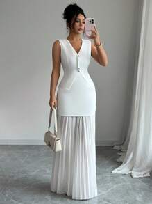 Elenzga Completo elegante e alla moda da donna composto da una blusa senza maniche con scollo a V, vita stretta e balza con orlo in rete, abbinata a una gonna minimalista vintage