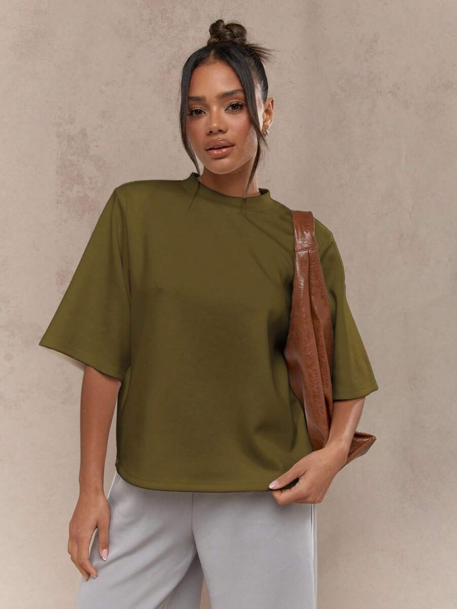 MISSGUIDED Oversized Shoulder Pad T-Shirt Modern Minimalist Style Mock Neck Scuba Material Long Sleeve Fall Winter Essential - Olive Green - View 1