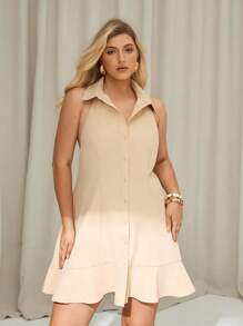 Auralis Beige,Summer,Elegant,Date Night Plus-Size Women's Shirt-Style Halter Dress,Short Backless Dress With Ruffled Hem,Casual Vacation Modest Summer Dresses - Khaki - View 4