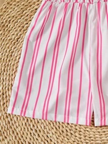 SHEIN 3 件套青少年女孩休闲花卉条纹纯色连体裤，适合度假、海滩、郊游、上学 - 粉色 - 查看 3
