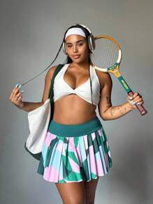 女式加大码彩色印花网球运动裙和裤裙百褶裙