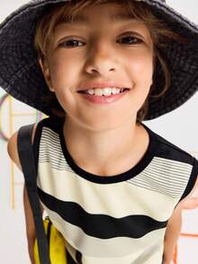 SHEIN Tween Boys' Casual Striped Crew Neck Tank Top & Denim Shorts Set, Comfortable & Simple - Blue - View 3