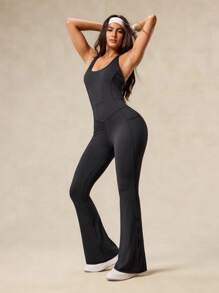 OutZeal Sweat Wicking Crossover Strap Backless Removable Pads Side Pocket Flared Jumpsuit Daily - Black - View 7