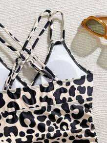 2pc Girls Neon Leopard Print Bikini Set, Adjustable Spaghetti Strap Crop Top & Pleated High-Waist Bottoms, Perfect For Swimming, Vacation, Outdoor Activities In Summer