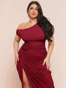 SHEIN BAE 加大码绿色 3D/压花碎花连衣裙，优雅连衣裙，适合夏季/女士夏装、海滩、度假、返校、春夏连衣裙、褶皱侧开衩连衣裙、婚礼、伴娘、鸡尾酒会、派对 - 酒紅色 - 查看 4