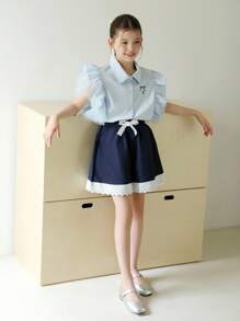 Tween Girl Mesh Cap Sleeve Embroidered Shirt & Lace Trim Bow Waist Shorts 2Pcs Casual Set - Navy Blue - View 2