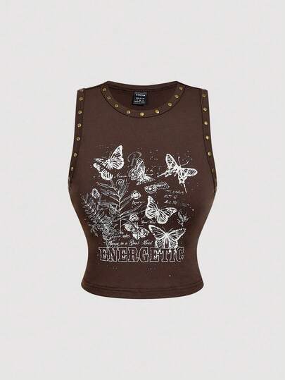 SHEIN MOD 复古 70 年代棕色蝴蝶图案背心，带金属装饰，非常适合女性度假、乡村风格、海滩度假、约会、节日、西部装、学院风和通勤装