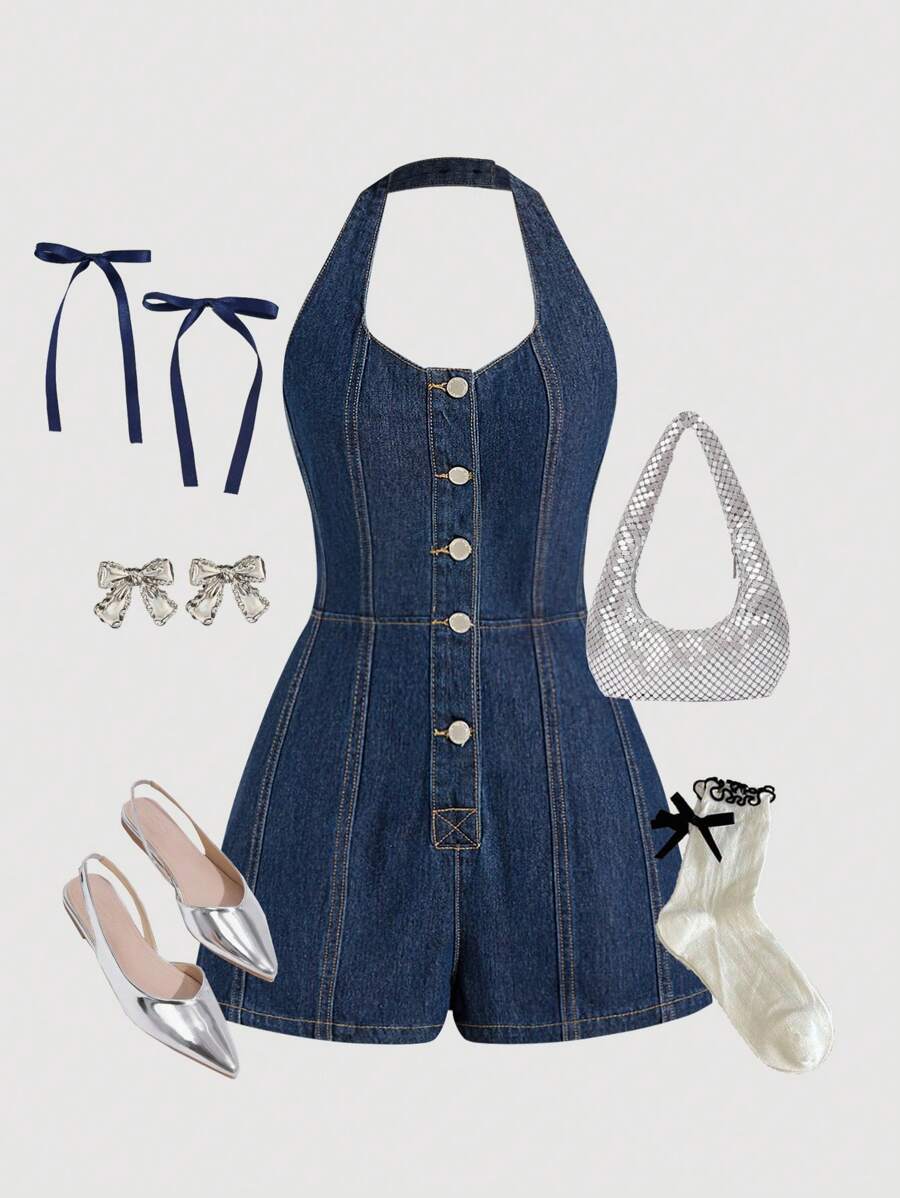 SHEIN MOD Plus Size Solid Color Simple Casual Halter  Denim Jumpsuit Women,Dark Blue Casual Halterneck Single-Breasted Fitted Denim Jumpsuit,Jumpsuits For Women Summer,Beach Outfits For Woman,Country Concert Outfit,Going Out Jumpsuits,Hawaii Outfits Women,Brunch Outfits For Women,Tea Party Jumpsuits