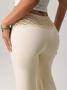 SHEIN ICON Women's White Knit Waistband With Beaded Drawstring Straight Loose Casual Resort Pants