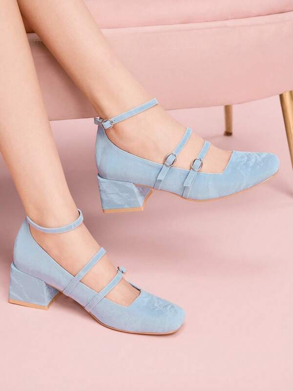 CUCCOO DOLLMOD Women Blue Satin & Jacquard Mary Jane Style Fashion Square Toe Chunky Heel Dress Shoes, Romantic Casual For Spring/Autumn
