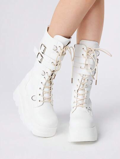 Women's Black Round Toe Platform Goth Punk Lace-Up Rivet Mid-Calf Boots, Halloween