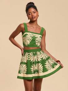 Travachic 2件套女士印花短款吊带背心和高腰半身裙 - 綠色 - 查看 5