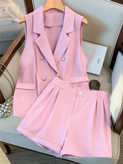 GlowEve CURVE 大码女式纯色翻领双排扣无袖外套和短裤休闲两件套