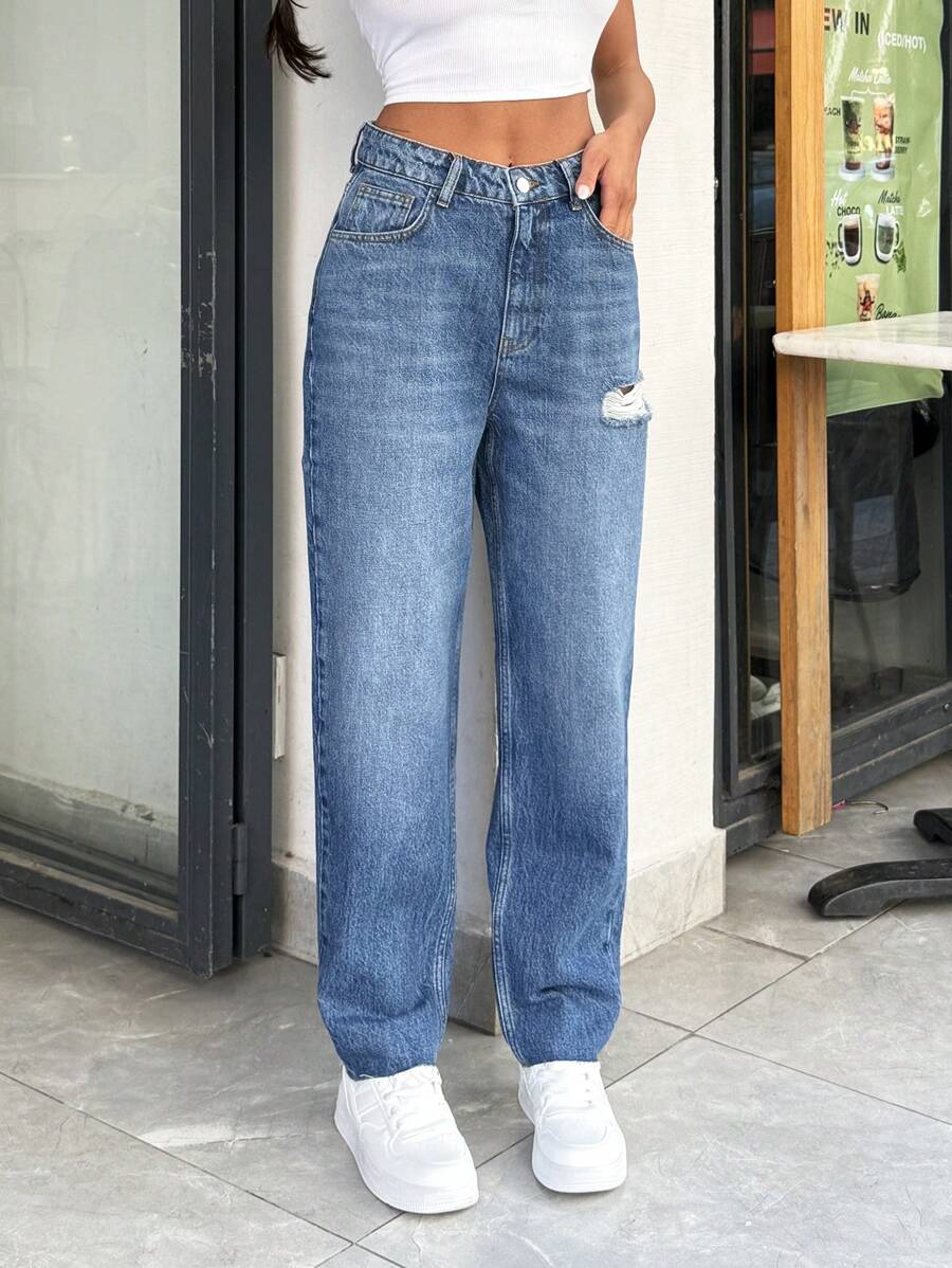 EURMUSE Quần Jeans Mom Jeans Lưng Giữa Thường Ngày Túi Xiên Giặt Tuyết - Rửa trung bình - Xem 1