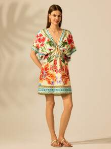 CAJUNI 女士节日休闲花卉印花蝙蝠袖连衣裙