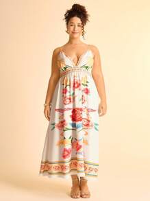 CAJUNI Vestido largo sin mangas con escote en V y estampado tropical de plantas coloridas para mujer de talla grande, uso casual de playa y vacaciones, verano - Multicolor - Ver 2