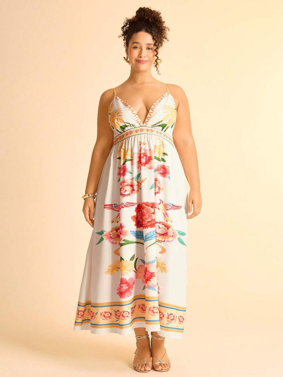 CAJUNI Vestido largo sin mangas con escote en V y estampado tropical de plantas coloridas para mujer de talla grande, uso casual de playa y vacaciones, verano