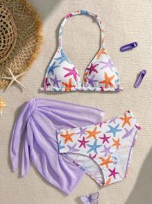 Tween Girls' Starfish Print Halter Swimsuit Set With Coverup And Mini Skirt 3 Piece Swimsuit Set Girls Beach Sets Tween Starfish Bikini Swimwear Girls Set - Multicolor - View 1