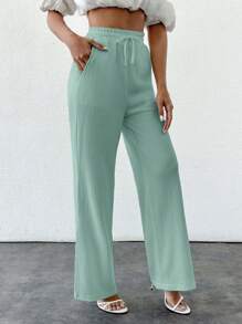 SHEIN PETITE Pantalones de pierna ancha de aspecto de lino de color beige sólido de cintura alta con cordón