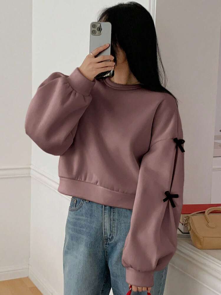 Contrasting Color Bow Round Neck Loose Women Sweatshirt,Fall Women Clothes