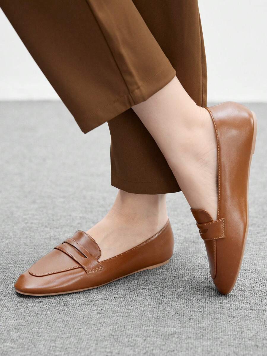 CUCCOO BIZCHIC 女士圆头平底棕色乐福鞋，适合通勤、约会、聚会、休闲穿着 - 棕色 - 查看 1