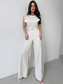 Firerie Bộ đồ liền thân ống rộng cổ tròn xếp nếp cạp cao thanh lịch & lãng mạn thời trang hàng ngày dành cho nữ, mùa hè - Màu be - Xem 10