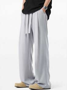 Claim Dot Calça de Moletom Masculina de Perna Larga Solta com Bolso e Cordão na Cintura, Cor Sólida, Casual - Cinza Claro - Visão 3