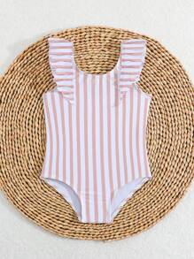SHEIN Baby Girls Casual Striped Ruffle One-Piece Swimsuit, Bathing Suits For Toddlers
