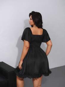 Viva Relle 大码女式春夏荷叶边袖垂领荷叶边 A 字型缎面休闲/派对迷你连衣裙 - 黑色 - 查看 2